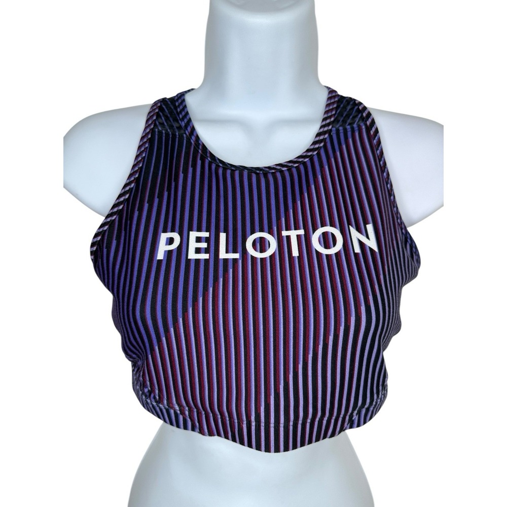 Peloton WITH Wear It To Heart Sports Bra Medium Purple Black Striped Keyhole